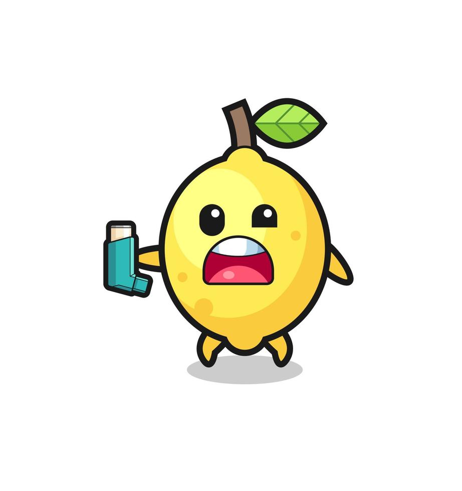 lemon mascot having asthma while holding the inhaler vector