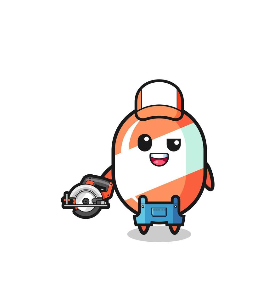 the woodworker candy mascot holding a circular saw vector