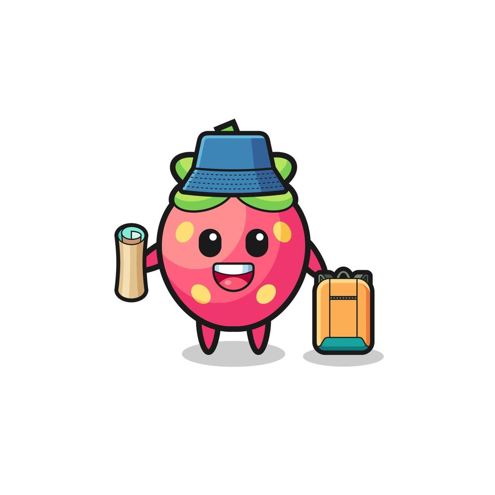 strawberry mascot character as hiker vector