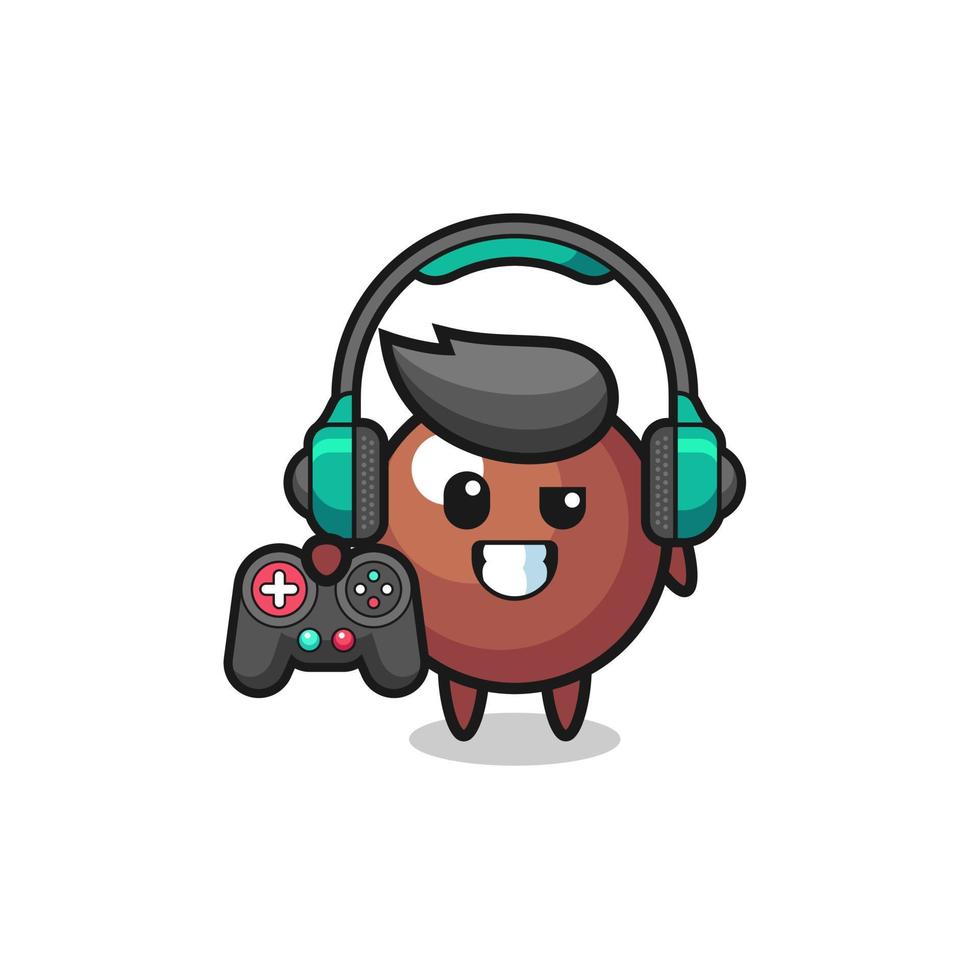 Mascota de jugador de bola de chocolate sosteniendo un controlador de juego vector