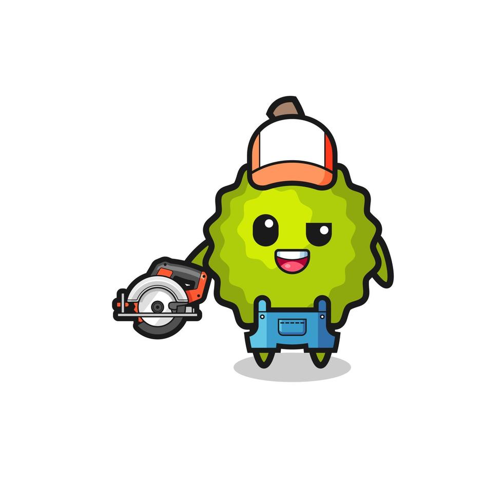 the woodworker durian mascot holding a circular saw vector