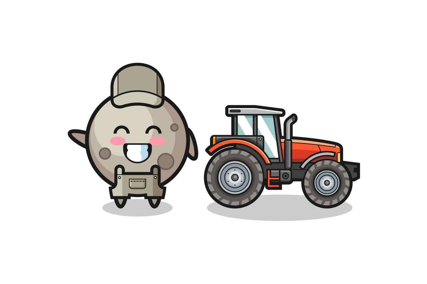 the moon farmer mascot standing beside a tractor vector
