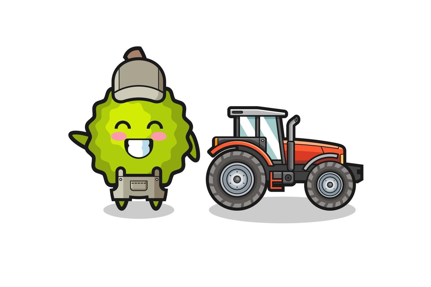 the durian farmer mascot standing beside a tractor vector