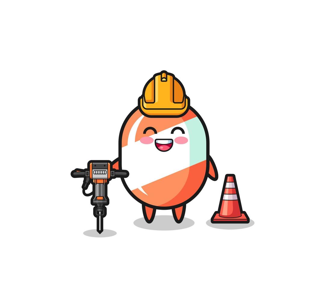 road worker mascot of candy holding drill machine vector