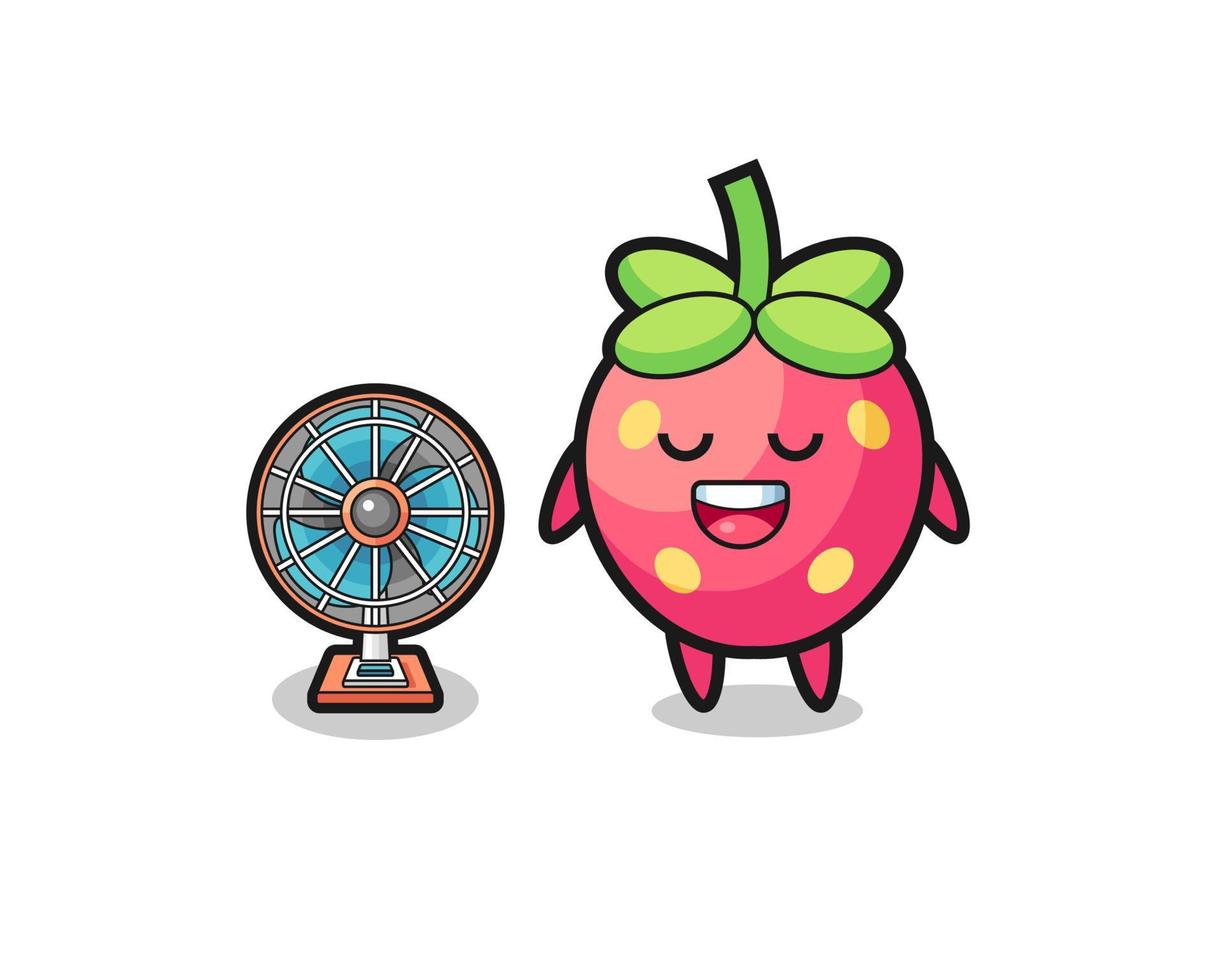 cute strawberry is standing in front of the fan vector