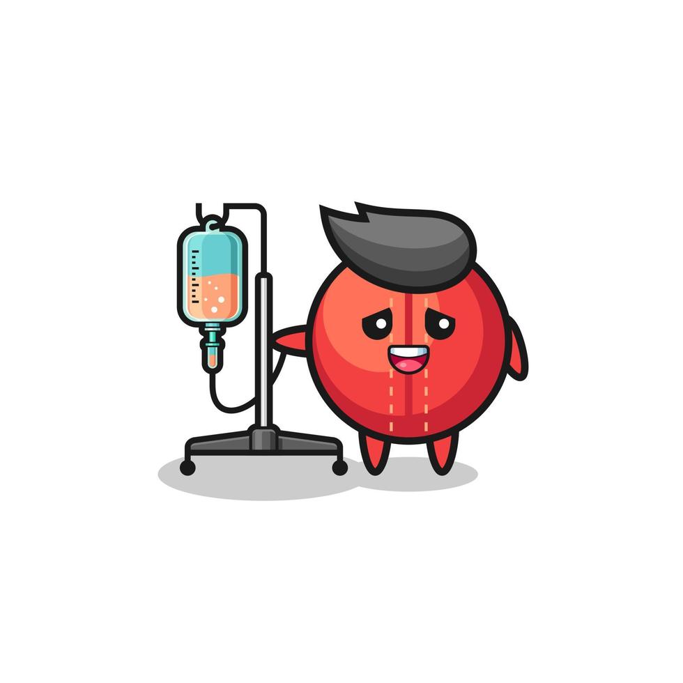 cute cricket ball character standing with infusion pole vector