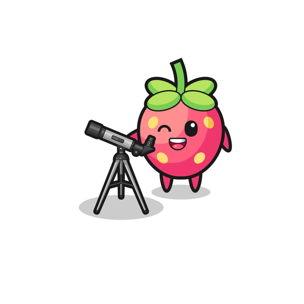 strawberry astronomer mascot with a modern telescope vector