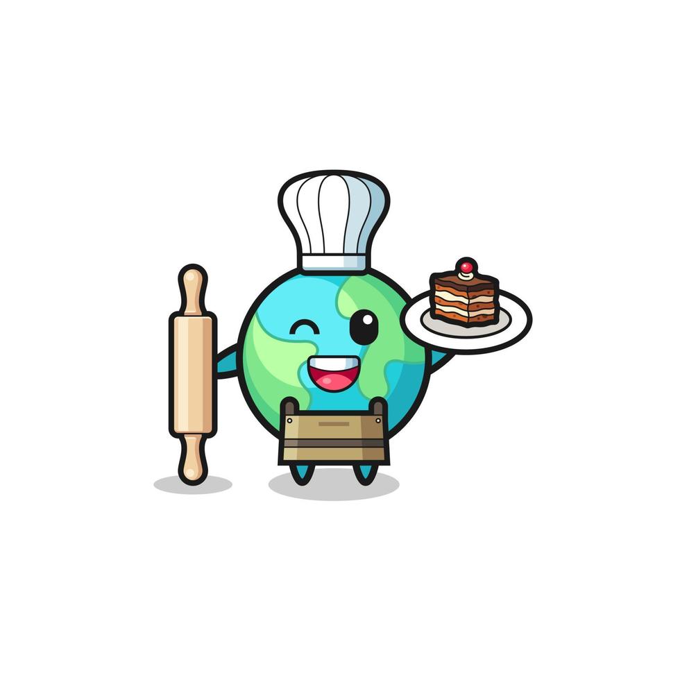 earth as pastry chef mascot hold rolling pin vector