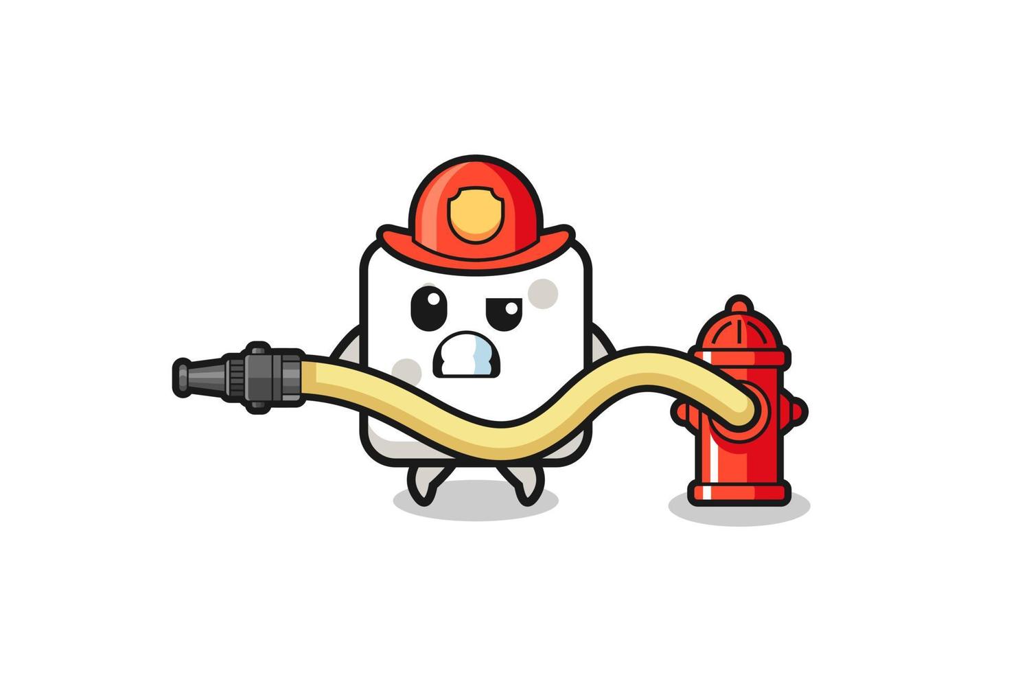 sugar cube cartoon as firefighter mascot with water hose vector