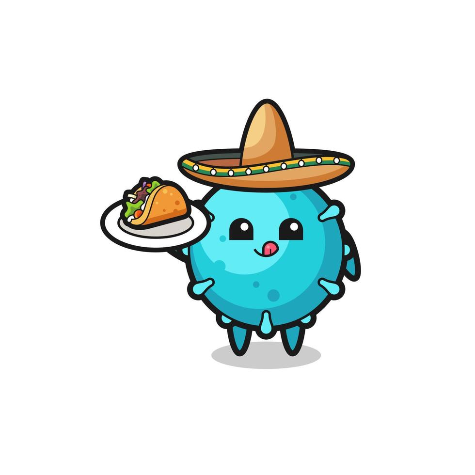 mascota de virus chef mexicano sosteniendo un taco vector