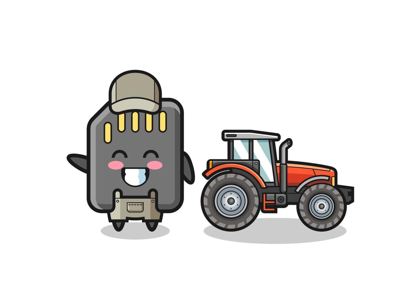 La mascota del granjero de la tarjeta de memoria de pie junto a un tractor vector