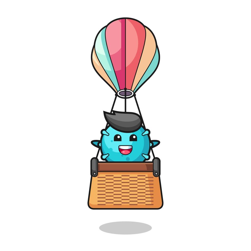 virus mascot riding a hot air balloon vector