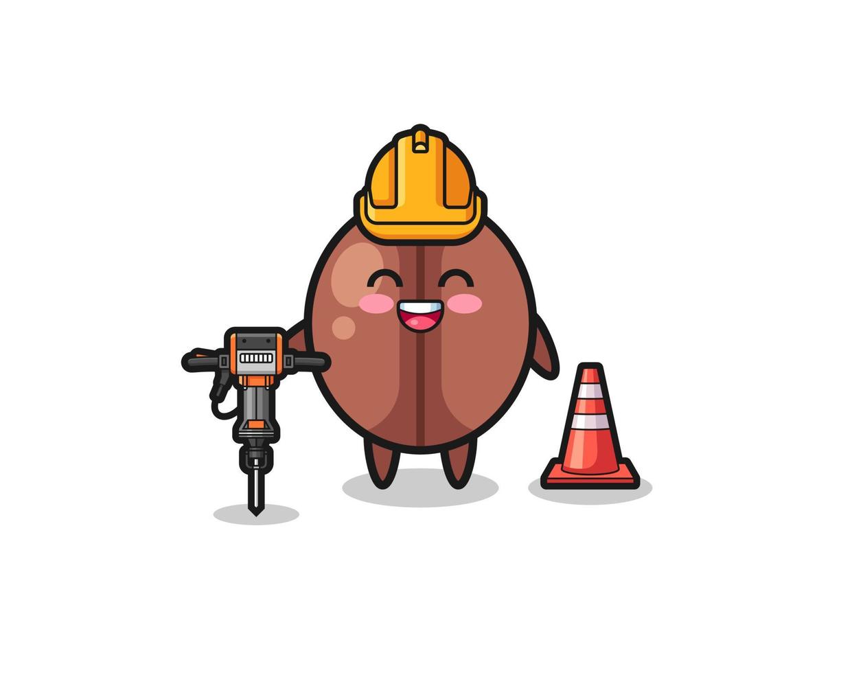 road worker mascot of coffee bean holding drill machine vector