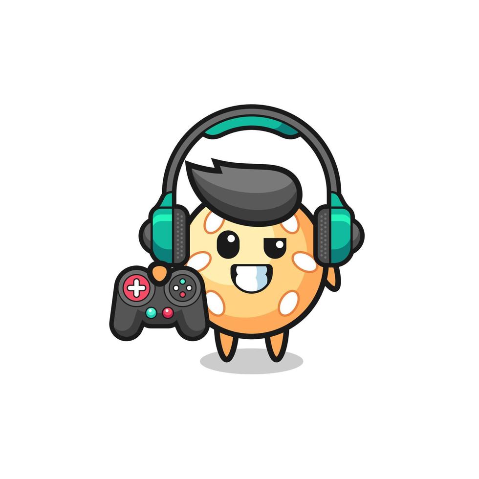 sesame ball gamer mascot holding a game controller vector