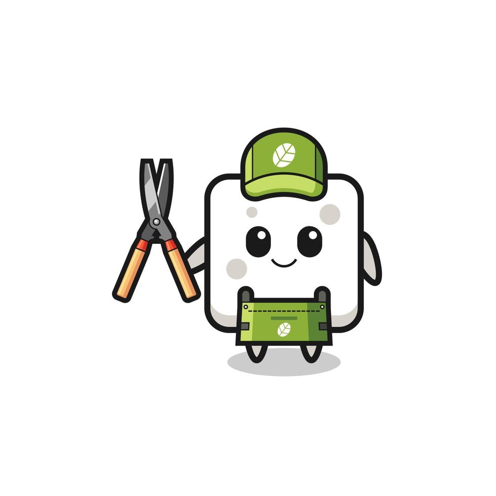 cute sugar cube as gardener mascot vector