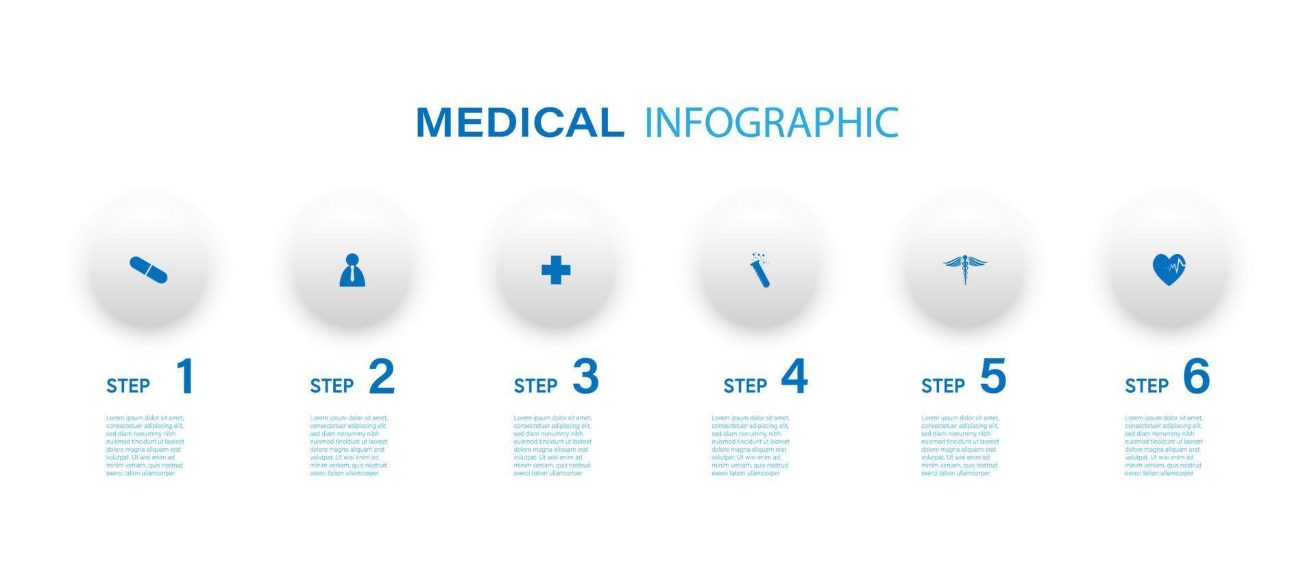 Proceso de línea fina de infografía médica con diseño de plantilla cuadrada con iconos y 6 opciones o pasos. ilustración vectorial. vector