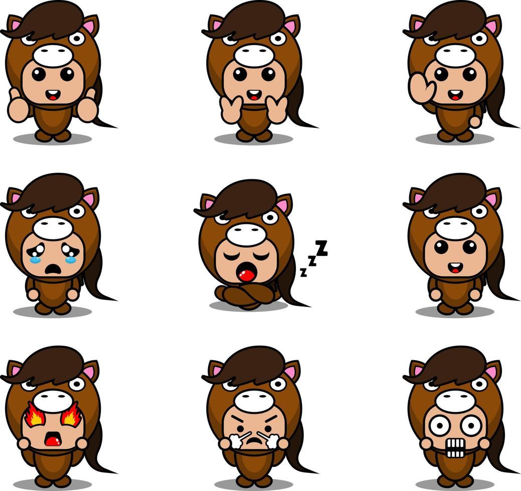 mascot costume expression bundle set horse cartoon character vector illustration