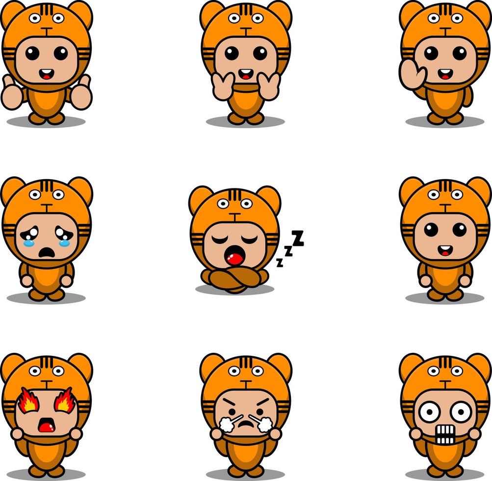 mascot costume expression bundle set tiger cartoon character vector illustration