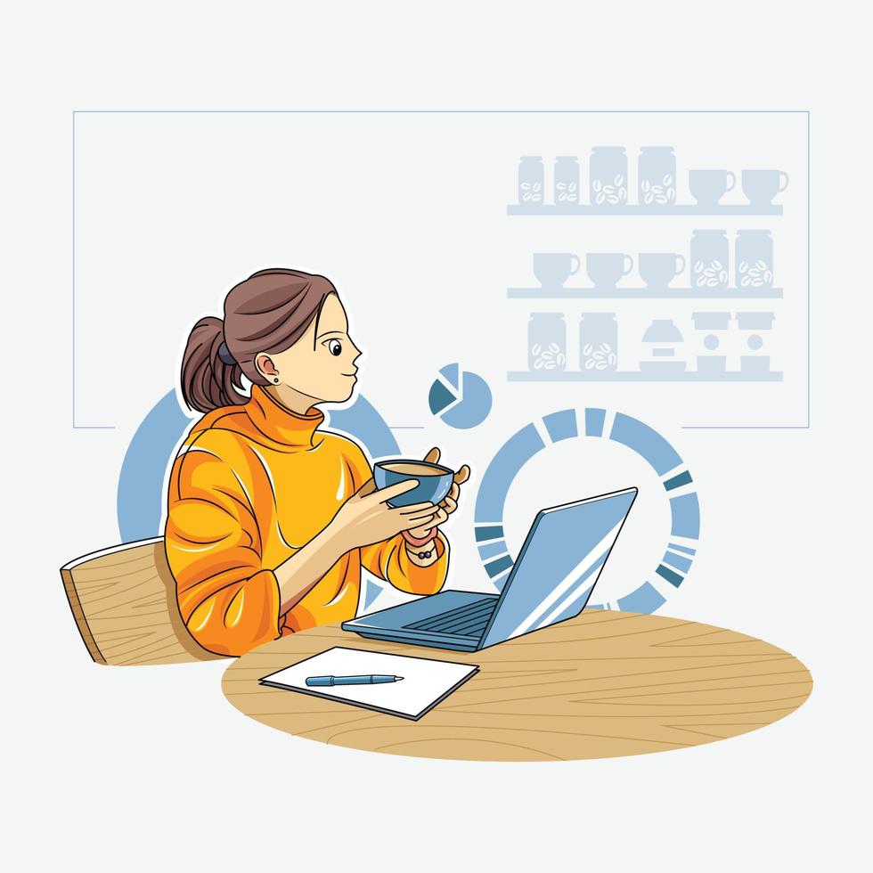 mujer que usa la computadora portátil mientras está sentado en la cafetería vector illustration free download