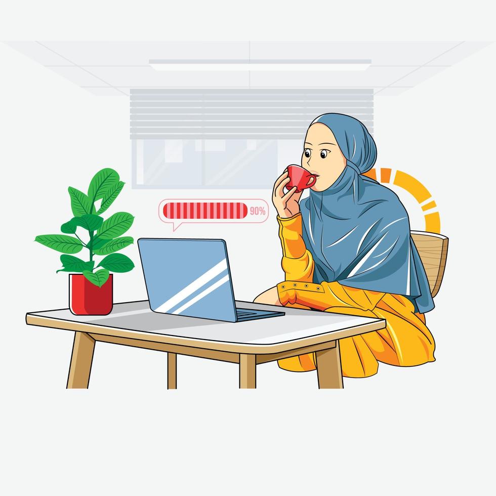 woman drinking tea while on her laptop vector illustration pro download