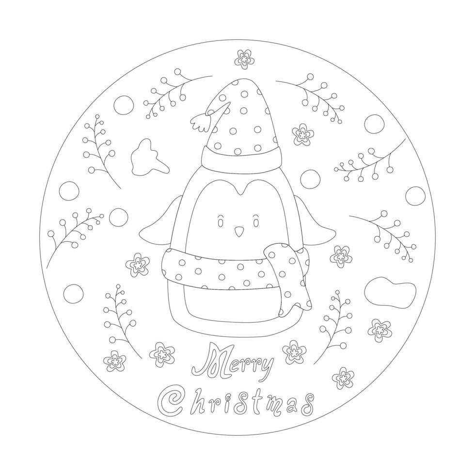 colection merry christmas with cute cartoon characters in circles with black lines vector