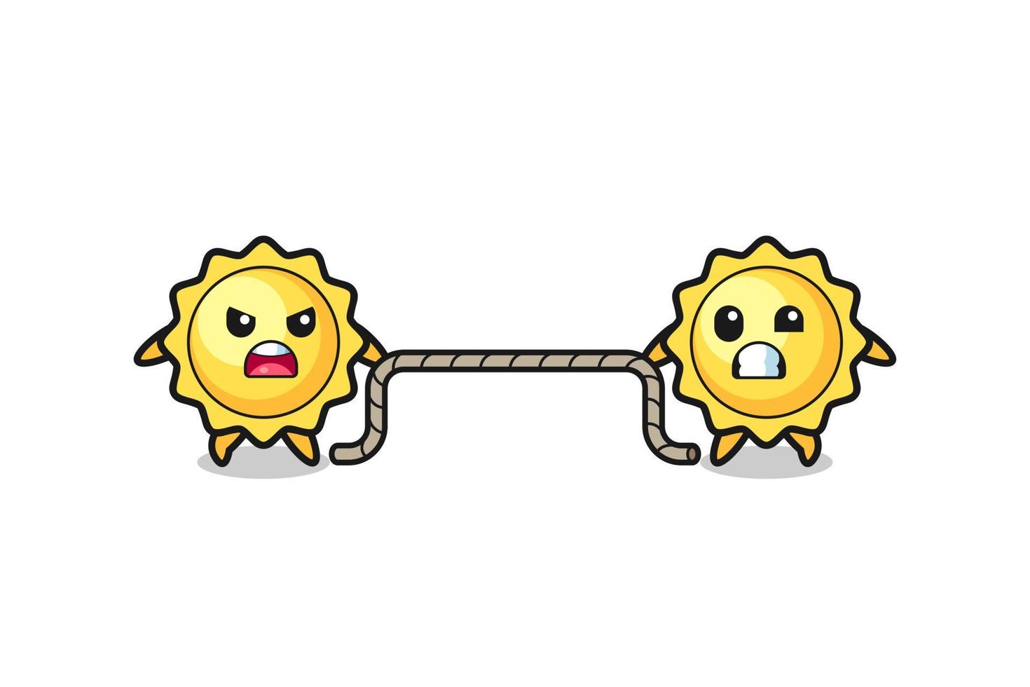 cute sun character is playing tug of war game vector