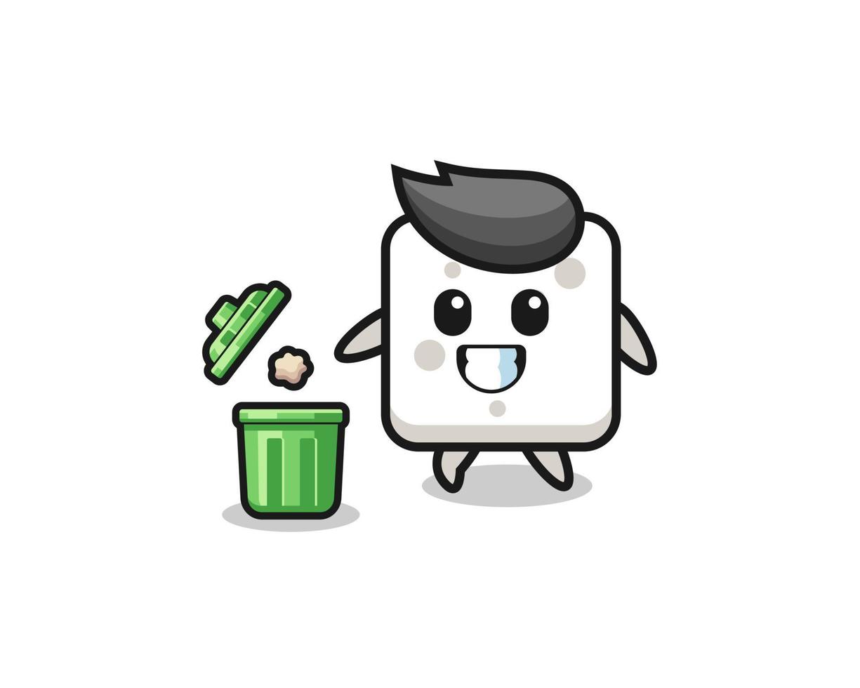 illustration of the sugar cube throwing garbage in the trash can vector