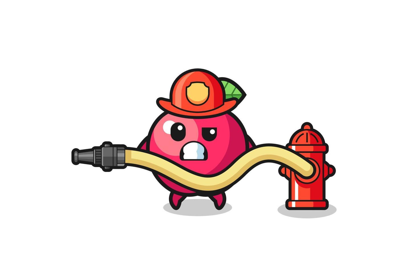 caricatura de manzana como mascota bombero con manguera de agua vector