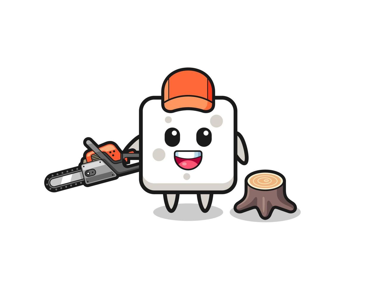 sugar cube lumberjack character holding a chainsaw vector