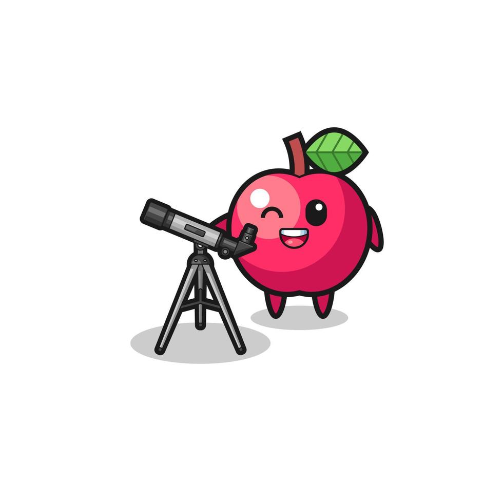 mascota astrónoma de manzana con un telescopio moderno vector