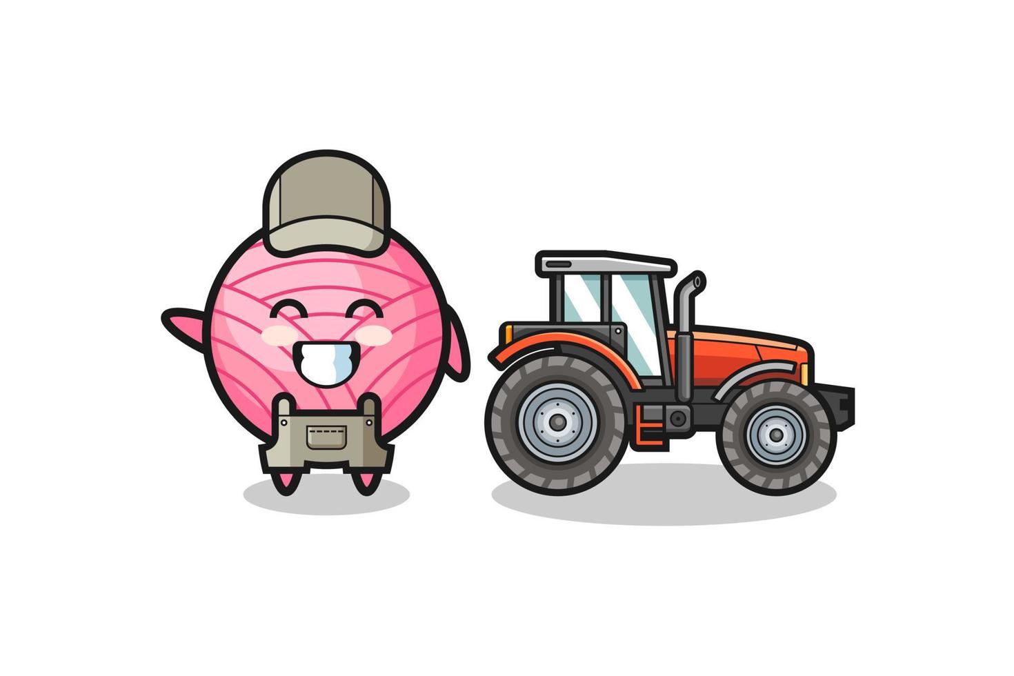 La mascota del granjero de bolas de hilo de pie junto a un tractor vector