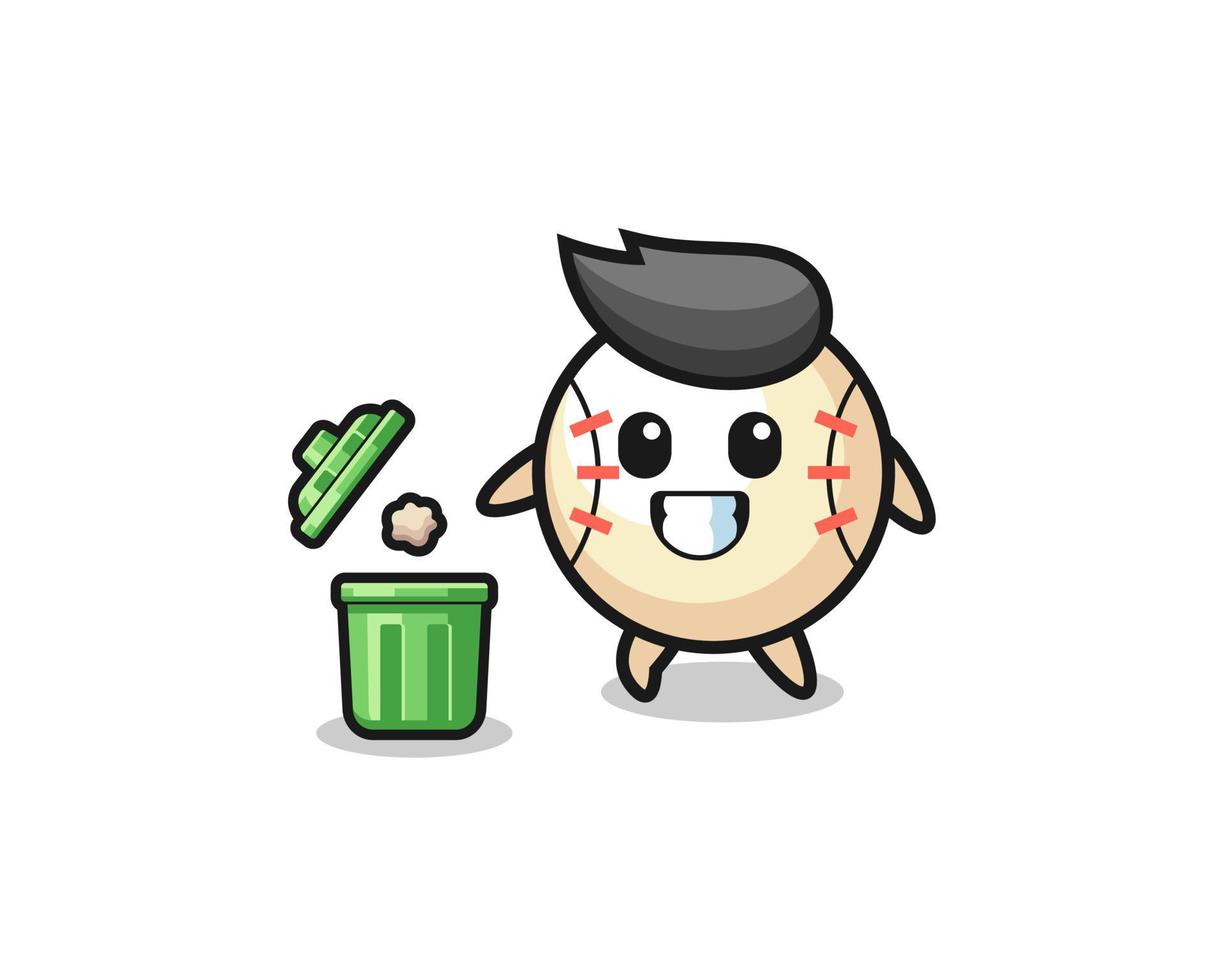 ilustración de la pelota de béisbol tirando basura en el bote de basura