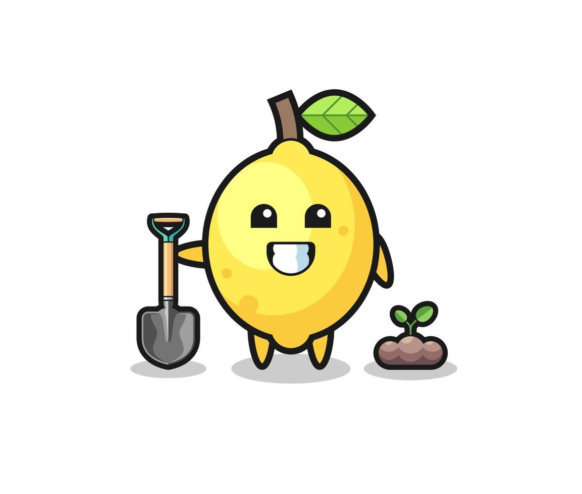 cute lemon cartoon is planting a tree seed vector