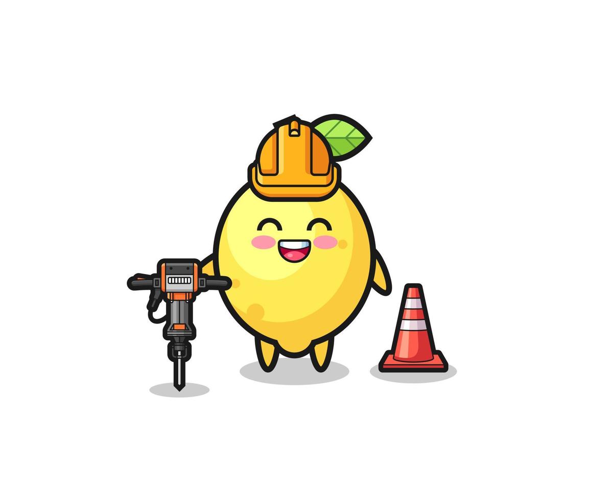 road worker mascot of lemon holding drill machine vector