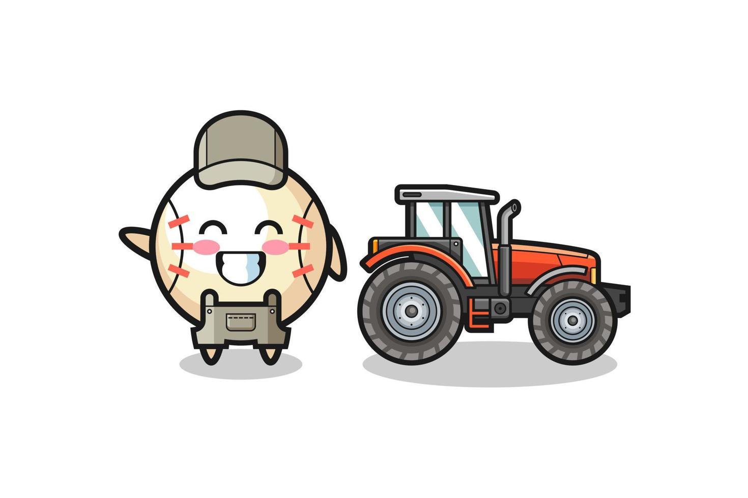 la mascota del granjero de béisbol de pie junto a un tractor vector
