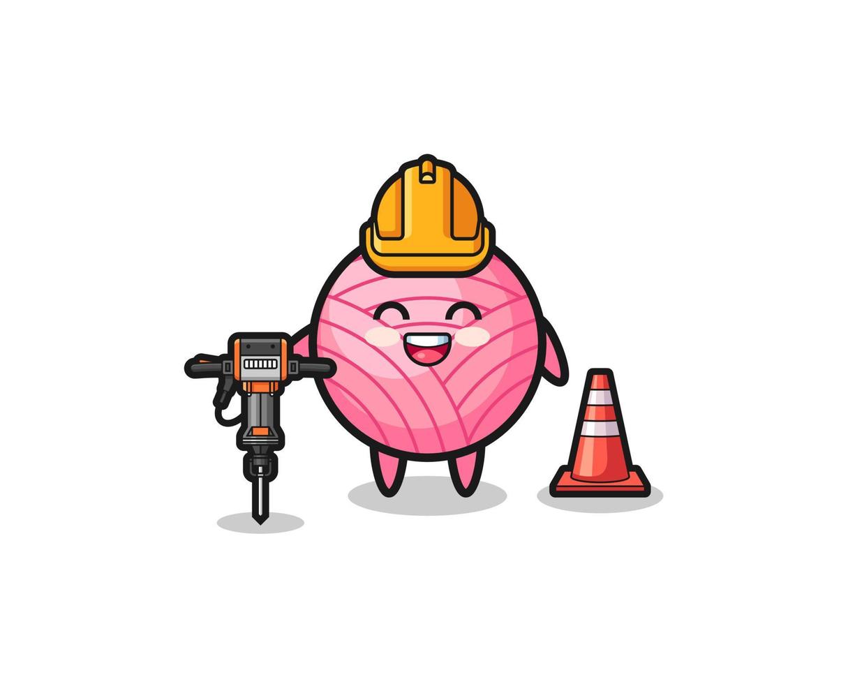 road worker mascot of yarn ball holding drill machine vector