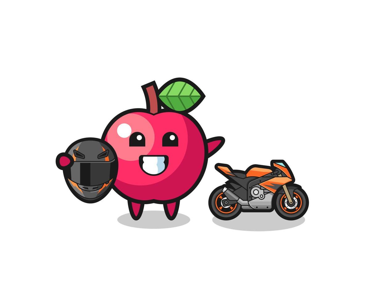 linda caricatura de manzana como piloto de motos vector