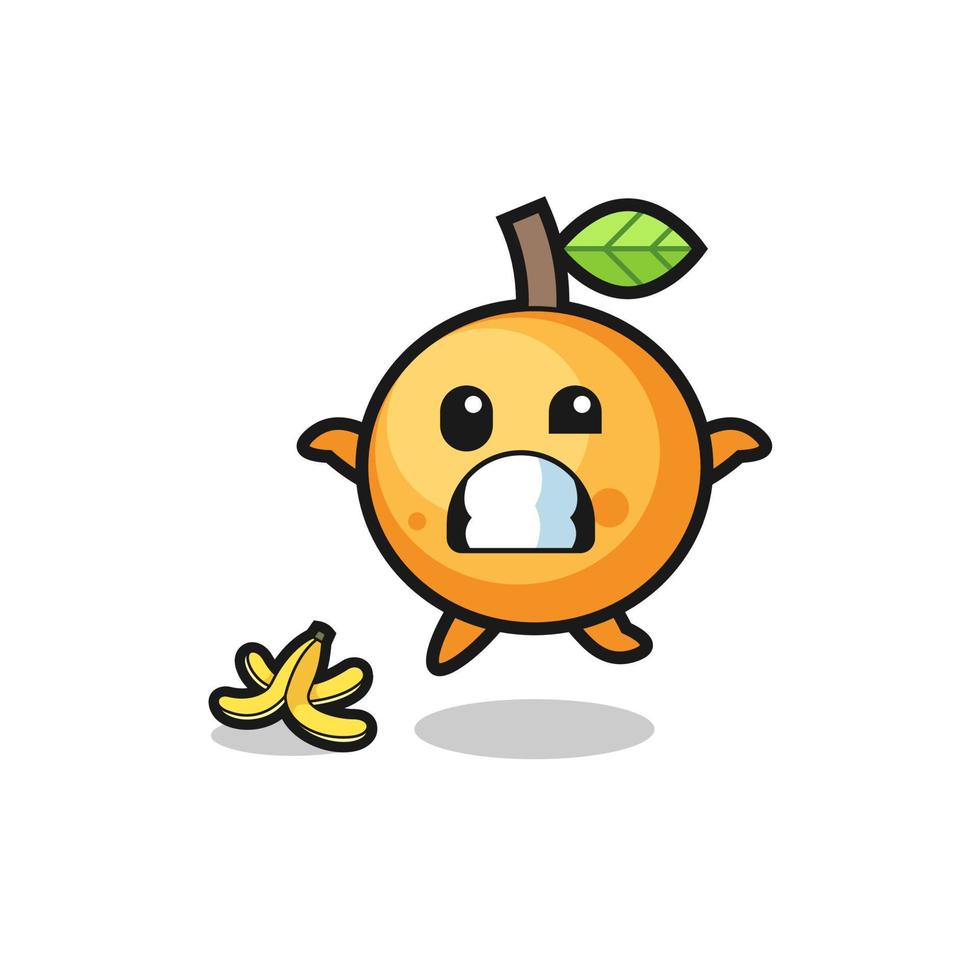 dibujos animados de fruta naranja se desliza sobre una cáscara de plátano vector