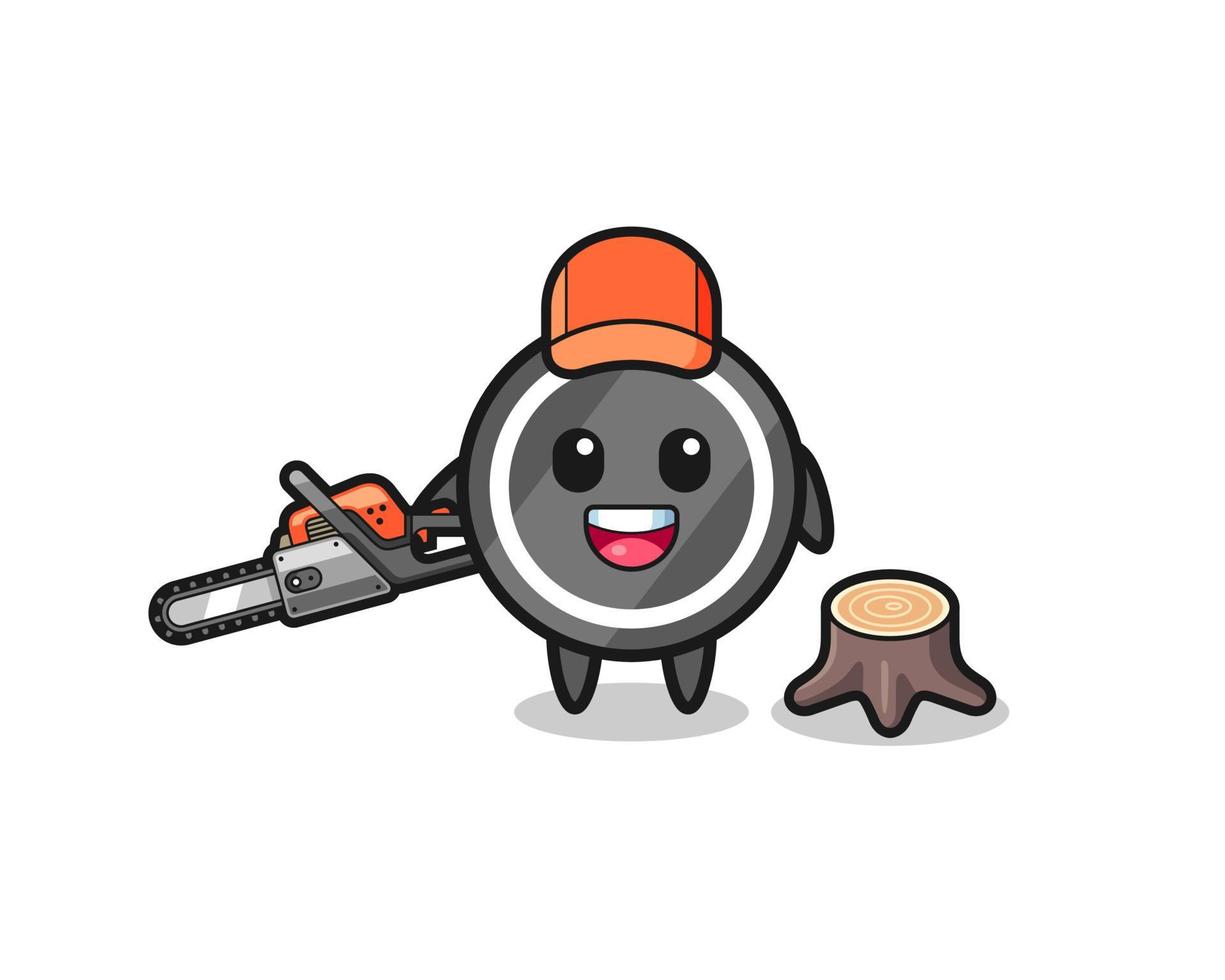 hockey puck lumberjack character holding a chainsaw vector