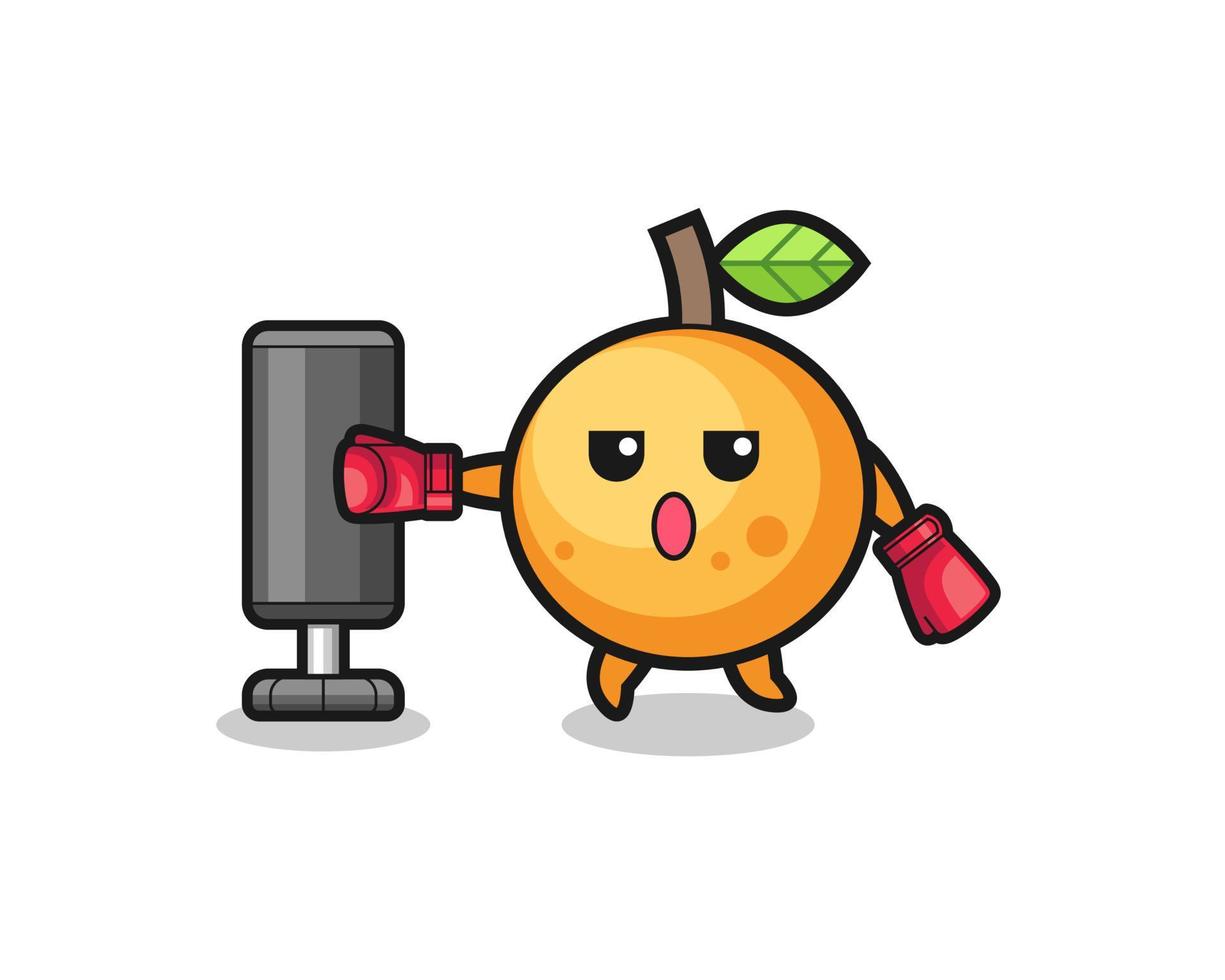 dibujos animados de boxeador de fruta naranja haciendo entrenamiento con saco de boxeo vector