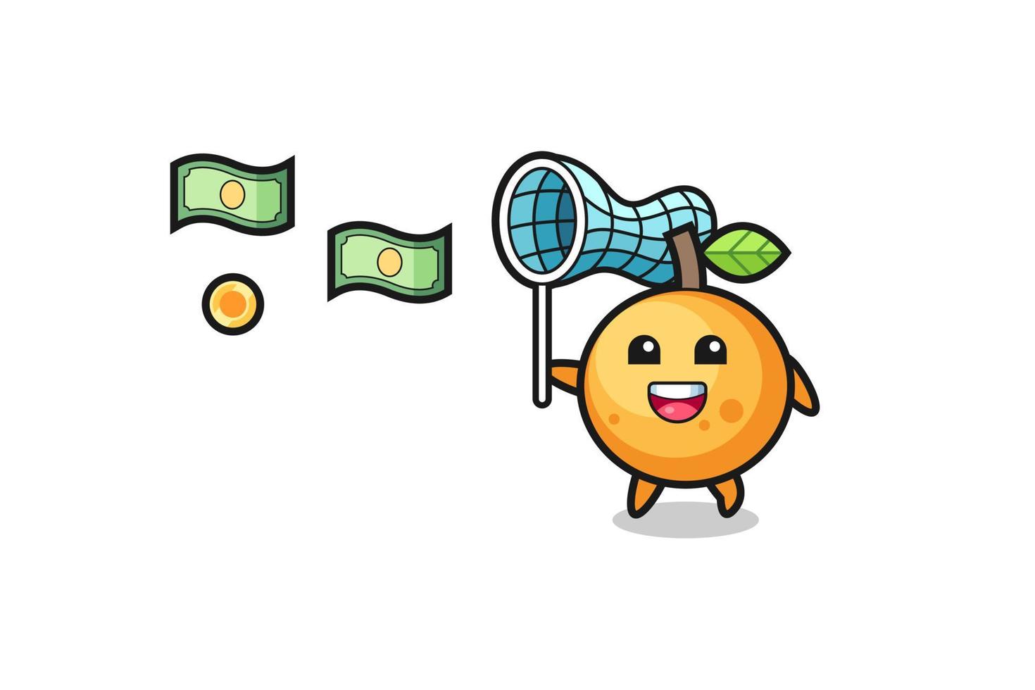 ilustración de la fruta naranja atrapando dinero volador vector