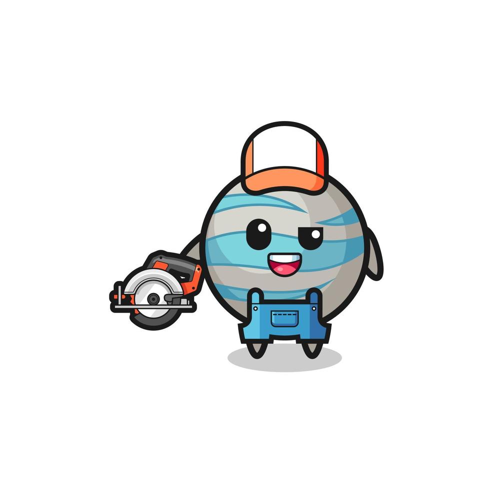 the woodworker planet mascot holding a circular saw vector