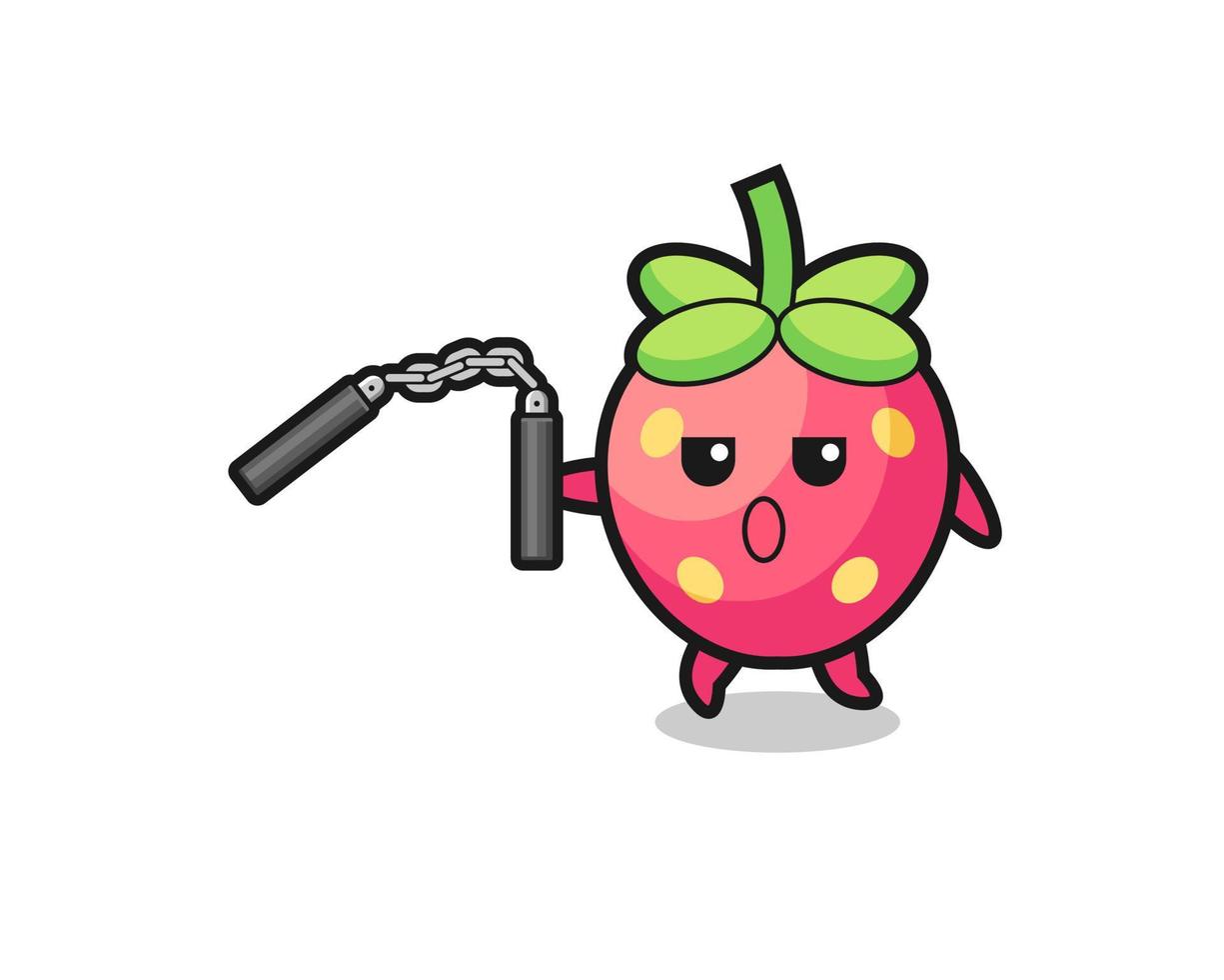caricatura de fresa usando nunchaku vector