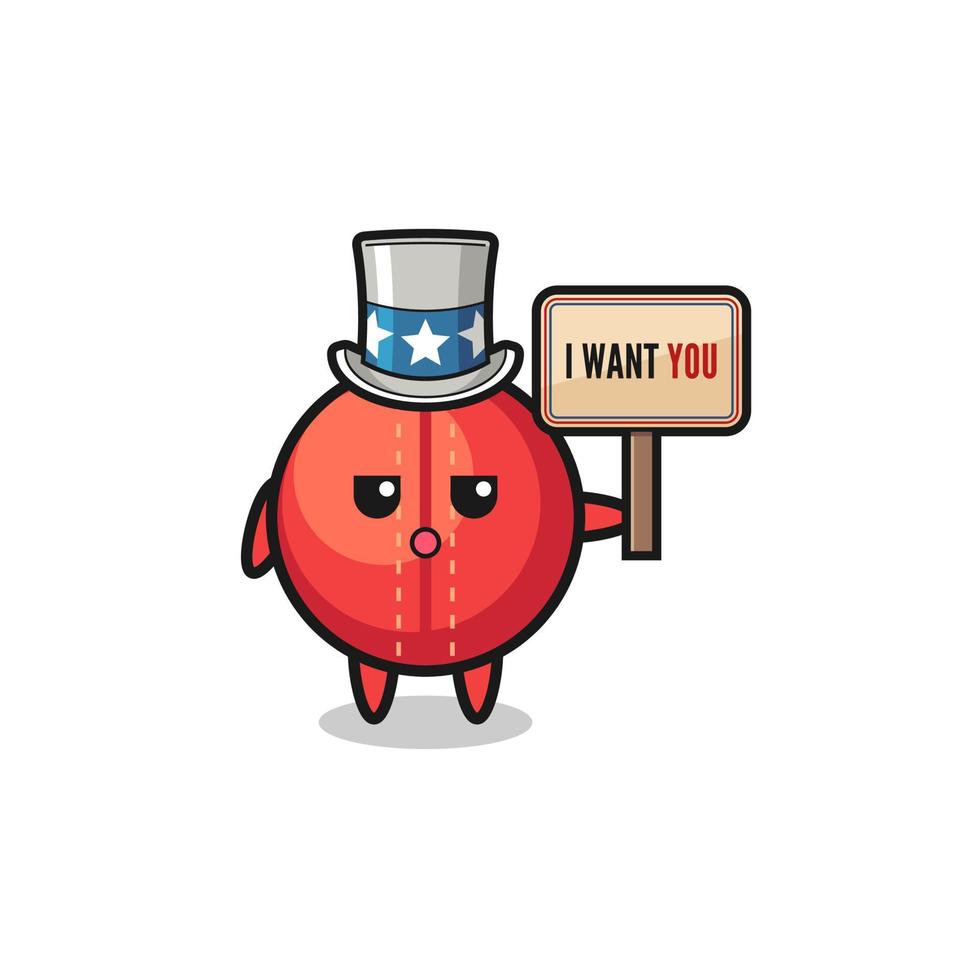 cricket ball cartoon as uncle Sam holding the banner I want you vector
