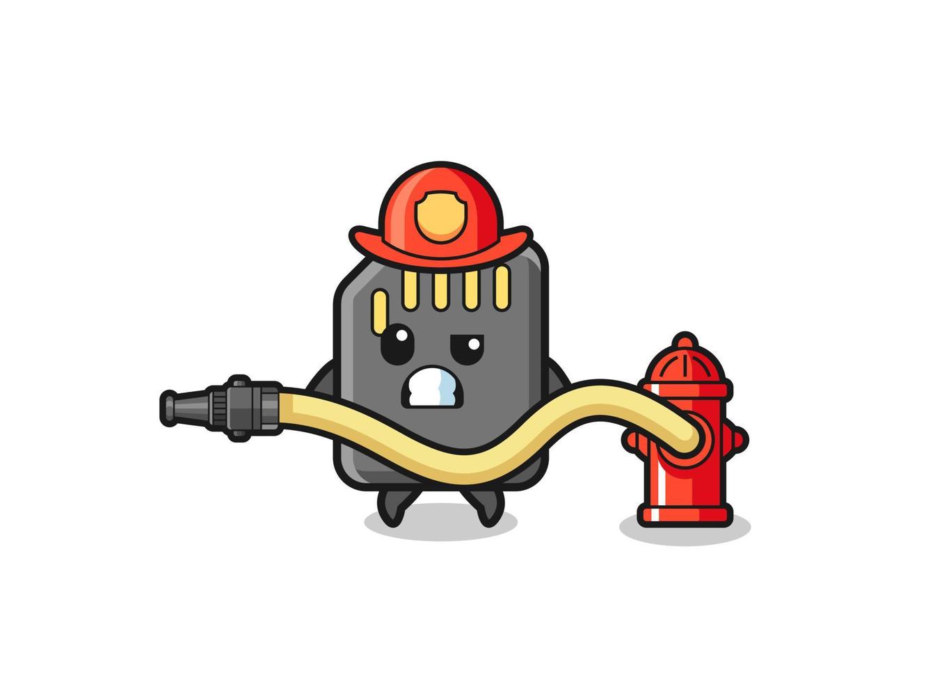 memory card cartoon as firefighter mascot with water hose vector