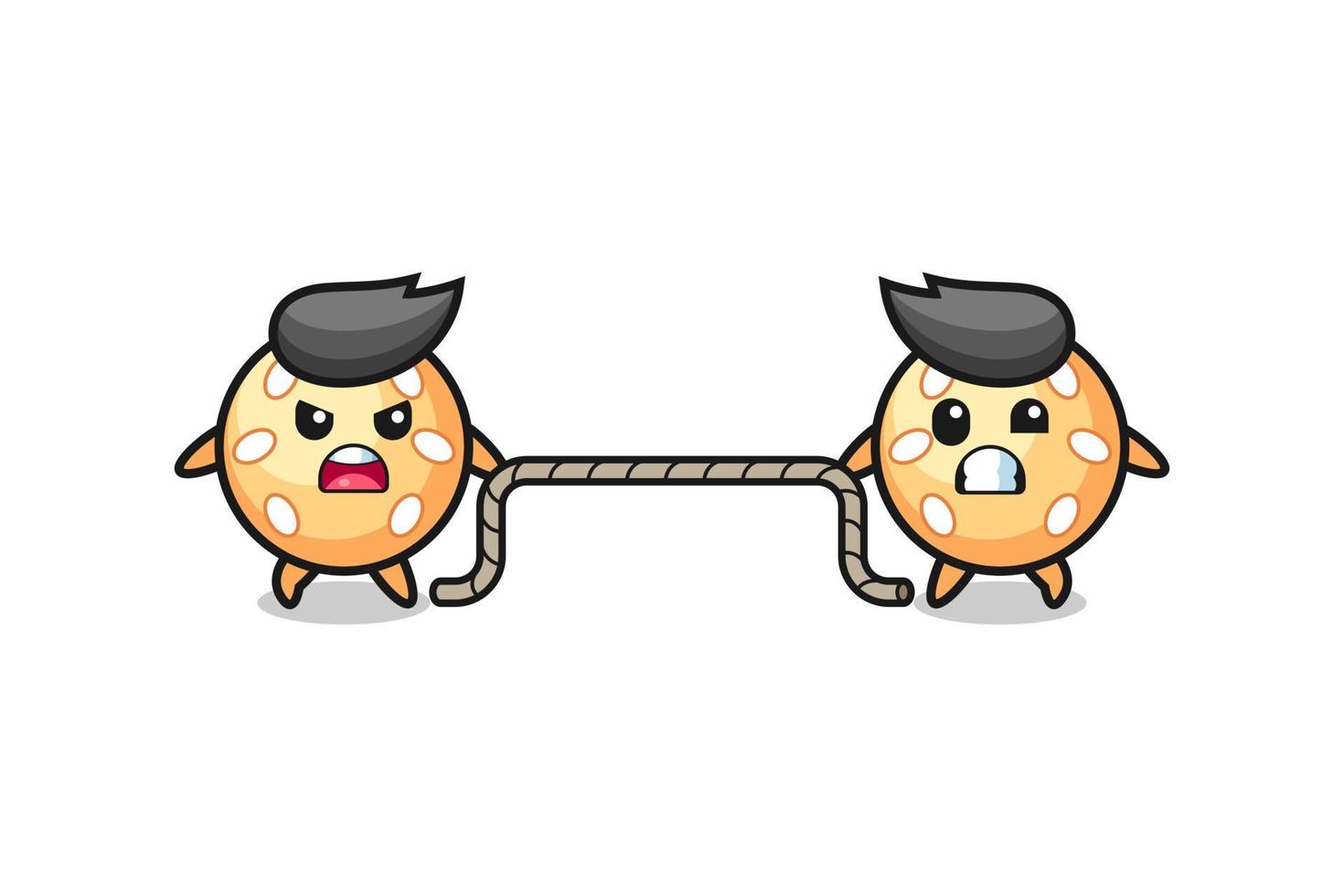 cute sesame ball character is playing tug of war game vector