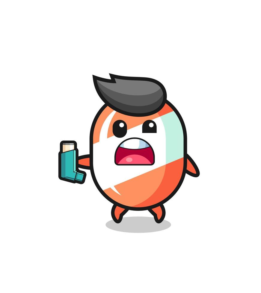 candy mascot having asthma while holding the inhaler vector