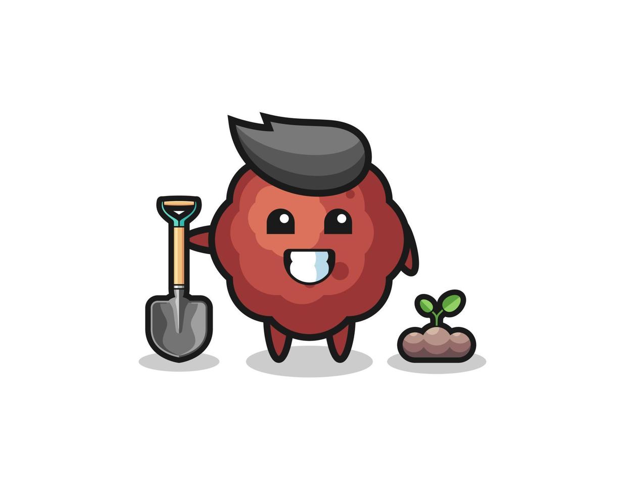 cute meatball cartoon is planting a tree seed vector