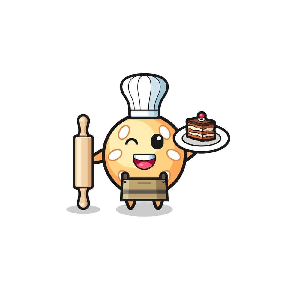 sesame ball as pastry chef mascot hold rolling pin vector