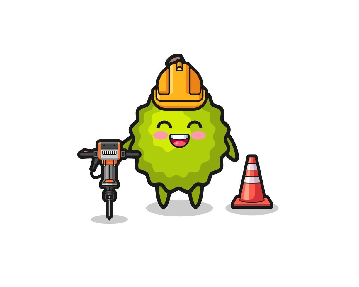 road worker mascot of durian holding drill machine vector